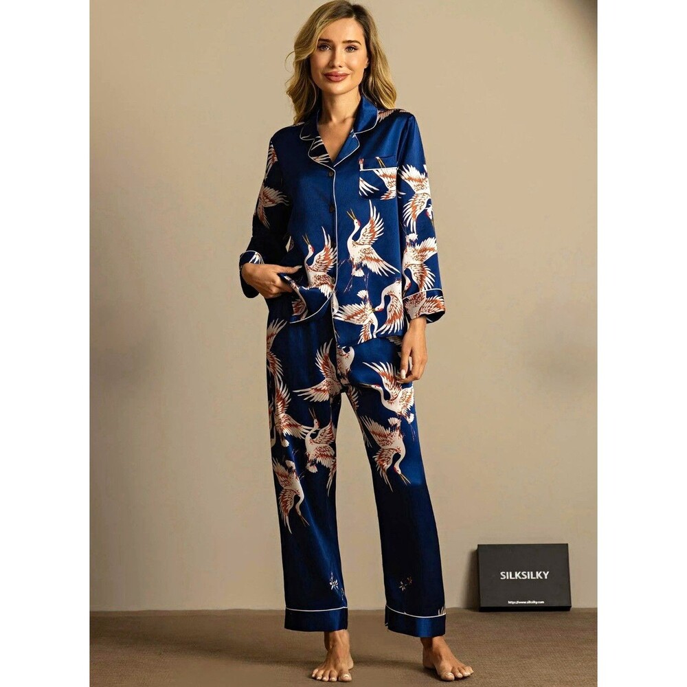 NWT Silk Silky Women’s Crane Print Mulberry Long Sleeve 100% Silk  Pajama Set XS